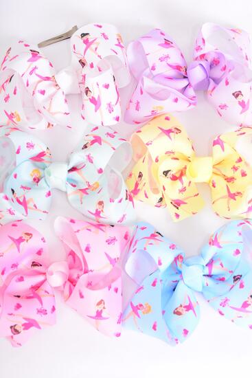 Hair Bow Jumbo Diversity Ballet Ballerina Grosgrain Bow-tie Pastel / 12 pcs Bow = Dozen Alligator Clip , Size - 6" x 5" Wide , 2 of each Pattern Asst , Clip Strip & UPC Code