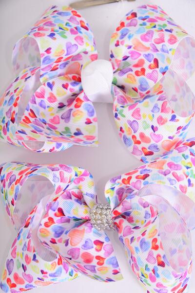 Hair Bow Jumbo Pastel Water Color Hearts Grosgrain Bow-tie / 12 Pcs Bow = Dozen Alligator Clip , Size - 6" x 5" Wide , 6 Of each Pattern Asst , Clip Strip & UPC Code