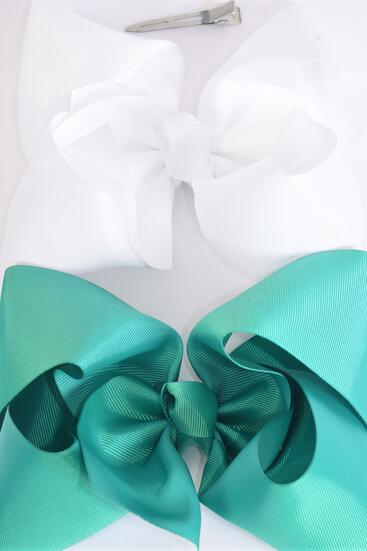 Hair Bow Extra Jumbo Cheer Type Bow Caribbean Green & White Mix Grosgrain Bow-tie / 12 pcs Bow = Dozen Alligator Clip , Size - 8"x 7" Wide , 6 Caribbean Green , 6 White Color Asst , Clip Strip & UPC Code