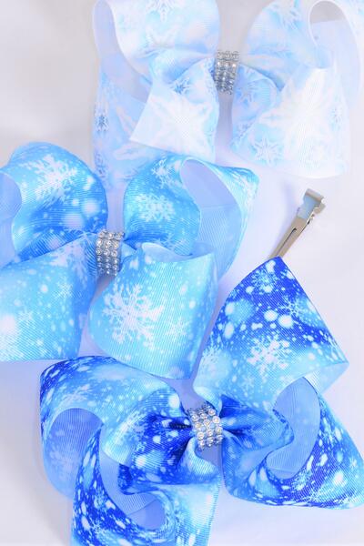 Hair Bow Jumbo Snowflake Grosgrain Bow-tie / 12 pcs Bow = Dozen 12 pcs Bow = Dozen  Snowflake , Alligator Clip , Size - 6" x 5" Wide , 4 Of each Pattern Asst , Clip Strip & UPC Code