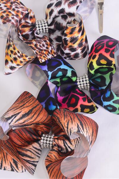 Hair Bow Jumbo Animal Pattern Mix Grosgrain Bow-tie / 12 pcs Bow = Dozen Alligator Clip , Size - 6" x 5" Wide , 4 Of Each Pattern Asst , Clip Strip & UPC Code