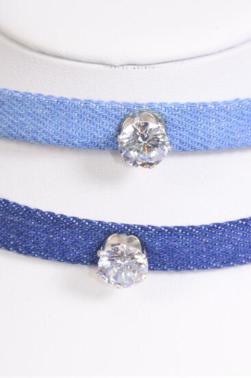 Necklace Choker Blue Denim Center 10 mm CZ Cubic Zirconium Pendant / 12 pcs = Dozen Size-14" Extension Chain , 6 Of each Color Asst , Display Card & OPP Bag & UPC Code