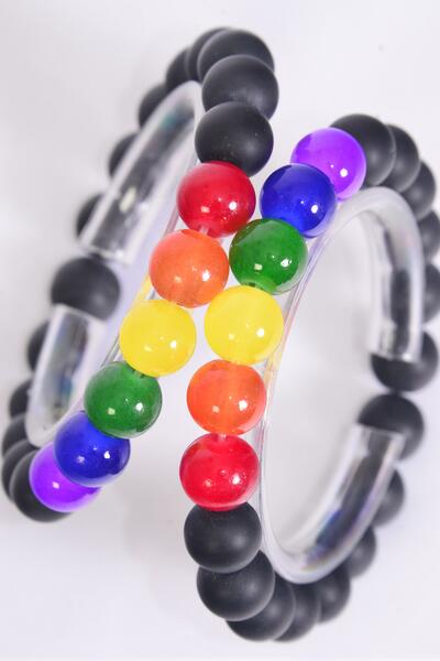 Bracelet 10 mm Black Glass Bead W Rainbow Color Bead Mix Stretch / 12 pcs = Dozen Stretch , Hang Tag & OPP bag & UPC Code