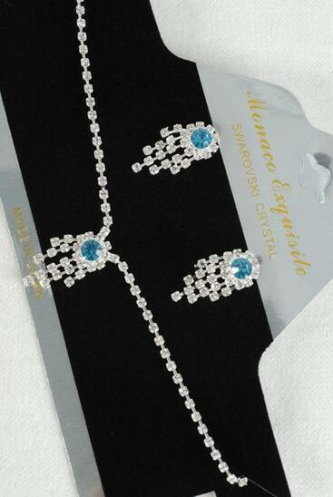 Necklace Sets Choker Blue Rhinestones / Sets Blue , Post , 16" Extension Chain , Velvet Display card & Opp Bag & UPC Code