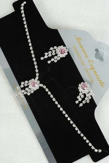 Necklace Sets Choker Pink Rhinestones / Sets Pink , Post , 16" Extension Chain , Velvet Display Card & Opp Bag & UPC Code