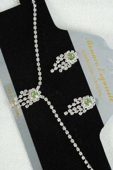 Necklace Sets Choker Lime Rhinestones / Sets Lime , Post , 16" Extension Chain , Velvet Display Card & Opp Bag & UPC Code