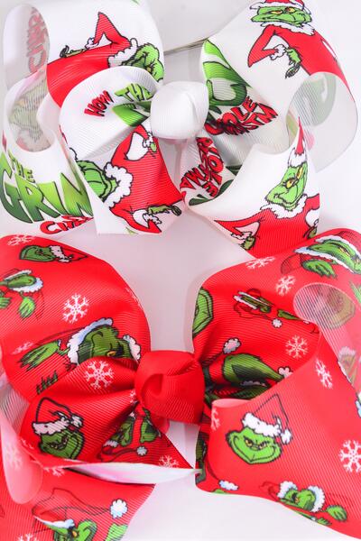 Hair Bow Jumbo Christmas Grinch Mix Grosgrain Bow-tie /  12 pcs Bow = Dozen  Alligator Clip , Size - 6" x 5" Wide , 6 Of Each Pattern Asst , Clip Strip & UPC Code