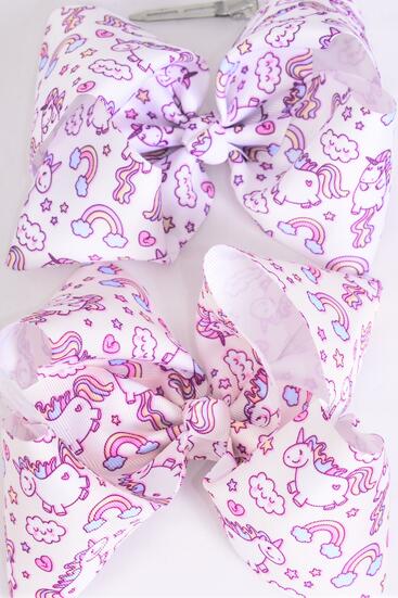 Hair Bow Extra Jumbo Cheer Type Bow Cartoon Unicorn Grosgrain Bow-tie / 12 pcs Bow = Dozen Alligator Clip , Size - 8"x 7" Wide , 6 Of each Pattern Asst , Clip Strip & UPC Code