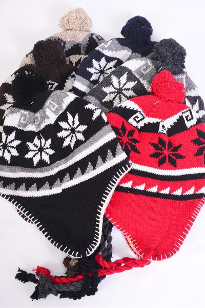 Hat Winter Knit Hat Snowflake Fleece Inside / 12 pcs = Dozen Color - 2 black , 2 navy , 2 red , 2 gray , 2 brown , 2 Khaki Asst , OPP Bag and UPC Code