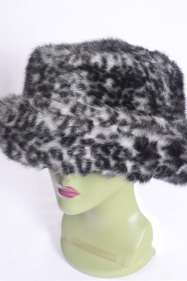 Hat Womens Gray Leopard Plush Faux Fur Roll Up Bucket Hat / PC  Gray Leopard Print , Opp Bag & UPC Code