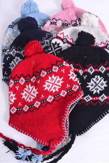 Hat Winter Knit Hat Snowflake Fleece Inside For Kids / 12 pcs = Dozen Colors - 2 Pink  , 2 Blue, 2 Navy , 2 Red , 2 White , 2 Black Color Asst , OPP Bag and UPC Code