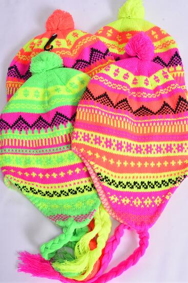 Hat Winter Knit Hat Neon Snowflake Fleece Inside Polyester Heavy Weight For Kids / 12 pcs = Dozen  Color - 3 Neon Pink , 3 Neon Orange , 3 Neon Lime , 3 Neon Yellow Color Asst , Hang Tag & OPP Bag and UPC Code