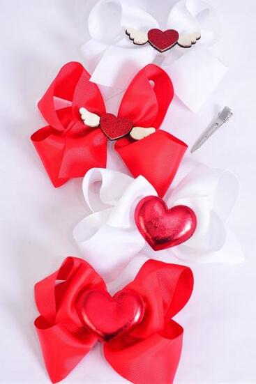 Hair Bow Jumbo Metallic Heart & Angel Wings Mix Grosgrain Bow-tie / 12 pcs Bow = Dozen Alligator Clip , Size - 6"x 5" Wide , 3 Of each Pattern Asst , Clip Strip & UPC Code