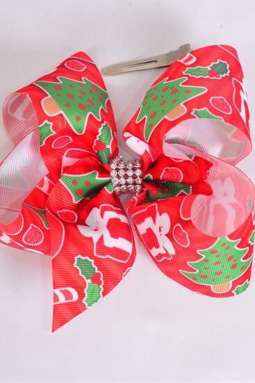 Hair Bow Jumbo Christmas Tree Gift Box Grosgrain Bow-tie / 12 pcs Bow = Dozen Alligator Clip , Size - 6" x 5" Wide , Clip Strip & UPC Code