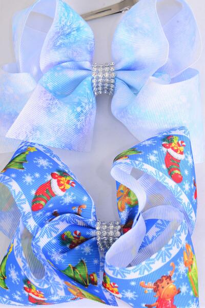 Hair Bow Jumbo Snowflake Winter Wonderland Theme Mix Grosgrain Bow-tie / 12 pcs Bow = Dozen Christmas , Alligator Clip , Size - 6" x 5" Wide , 6 Of Each Pattern Asst , Clip Strip & UPC Code