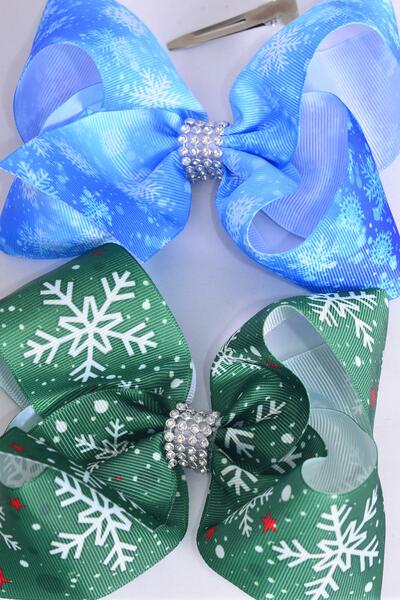 Hair Bow Jumbo Snowflake Winter Wonderland Theme Mix Grosgrain Bow-tie / 12 pcs Bow = Dozen Snowflake , Alligator Clip , Size - 6" x 5" Wide , 6 Of Each Pattern Asst , Clip Strip & UPC Code