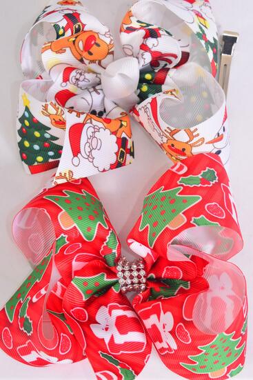 Hair Bow Jumbo Christmas Tree Santa Snowman Deer Mix Grosgrain Bow-tie / 12 pcs Bow = Dozen  Christmas , Alligator Clip , Size - 6"x 5" Wide , 6 Of Each Pattern Asst , Clip Strip & UPC Code