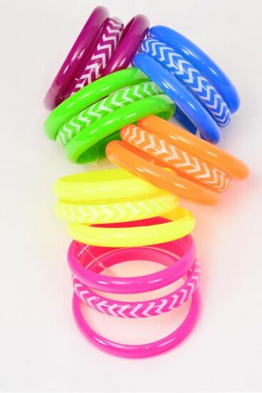 Bracelet Bangle 36 pcs Acrylic Chevron Pattern Caribbean Neon / 12 card = Dozen Caribbean Neon , Size-2.75" x 0.5", 2 of each Color Asst , Hang Tag & OPP Bag & UPC Code,3 pcs per card,12 card= Dozen