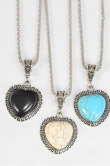 Necklace Silver Chain Metal Antique Heart Semiprecious Stone / 12 pcs = Dozen  Match 02932 Pendant -1.25" x 1" Wide , Chain-18" Extension Chain , 4 Ivory , 4 Black , 4 Turquoise Asst , Hang Tag & OPP Bag & UPC Code