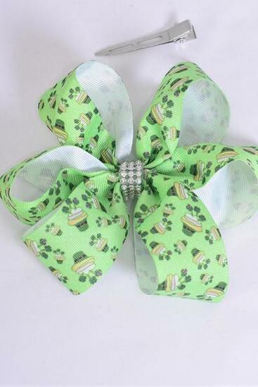 Hair Bow Jumbo Clover St Patrick Day Hat Grosgrain Bow-tie / 12 pcs Bow = Dozen Alligator Clip , Size - 6" x 6" Wide , Clip Strip & UPC Code