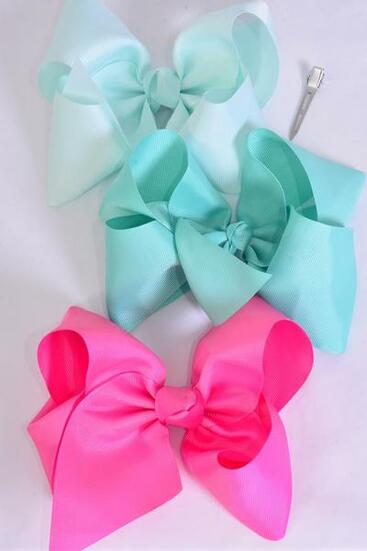 Hair Bow Jumbo Aqua Hot Pink Mint Green Mix Grosgrain Bow-tie / 12 pcs Bow Dozen Alligator Clip , Size - 6"x 5" Wide , 4 Aqua , 4 Hot Pink , 4 Mint Green Color Asst , Clip Strip &UPC Code