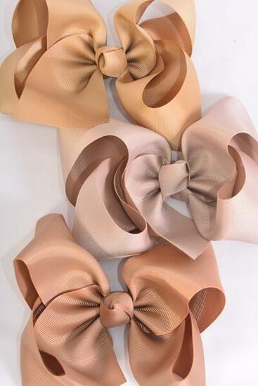 Hair Bow Jumbo Khaki Mix Grosgrain Bow-tie / 12 pcs Bow = Dozen Alligator Clip , Size - 6" x 5" Wide , 4 of Each Color Asst , Clip Strip & & UPC Code