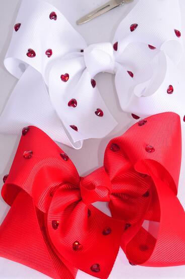 Hair Bow Jumbo Heart Studded Grosgrain Bow-tie / 12 pcs Bow = Dozen Heart , Alligator Clip , Size - 6" x 5" Wide , 6 of each Pattern Asst , Clip Strip & UPC Code