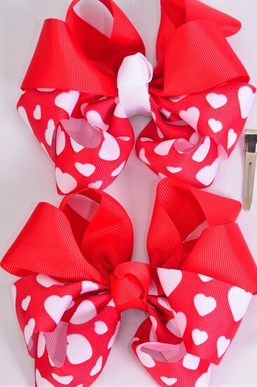 Hair Bow Jumbo 2 Tone Hearts Grosgrain Bow-tie / 12 pcs Bow = Dozen Alligator Clip , Size - 6" x 5" Wide , 6 of each Pattern Asst , Clip Strip & UPC Code