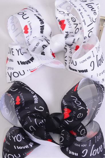 Hair Bow Jumbo I Love You Hearts Words Grosgrain Bow-tie / 12 pcs Bow = Dozen Alligator Clip , Size - 6" x 5" Wide , 6 of each Pattern Asst , Clip Strip & UPC Code