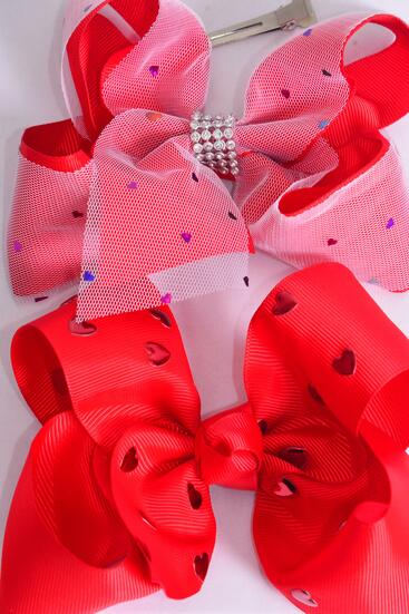 Hair Bow Jumbo Heart Studded Grosgrain Bow-tie / 12 pcs Bow = Dozen Alligator Clip , Size - 6" x 5" Wide , 6 Of Each Pattern Asst , Clip Strip and UPC Code