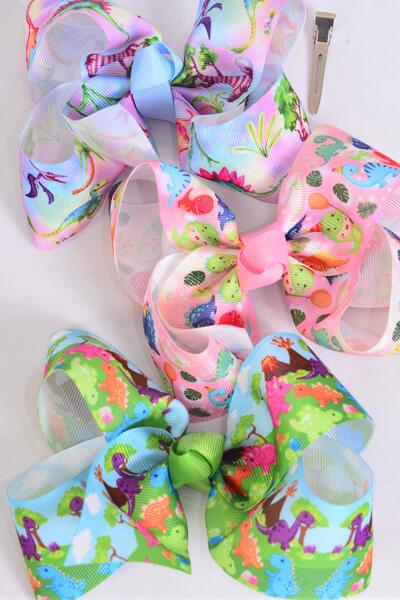 Hair Bow Jumbo Cute Baby Dinosaur Grosgrain Bow-tie Dino / 12 pcs Bow = Dozen Dino , Alligator Clip , Bow - 6" x 5" Wide , 4 of each Pattern Asst , Clip Strip & UPC Code