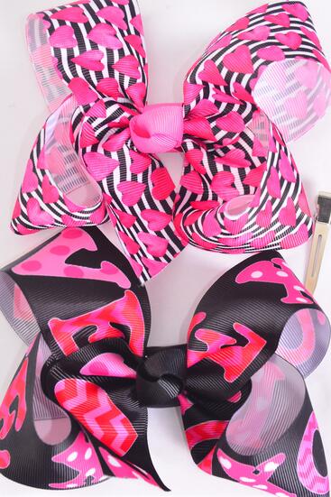 Hair Bow Jumbo Hearts Grosgrain Bow-tie / 12 pcs Bow = Dozen  Alligator Clip , Bow - 6" x 5" Wide , 6 Of Each Pattern Asst , Clip Strip & UPC Code