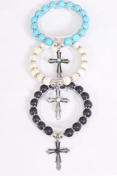 Bracelet Cross Charm Stretch 10 mm Semiprecious Stone / 12 pcs = Dozen  match 76026 Stretch , Cross - 1.5" x 1" Wide , 4 Black , 4 Ivory , 4 Turquoise Asst , Hang Tag & OPP Bag & UPC Code