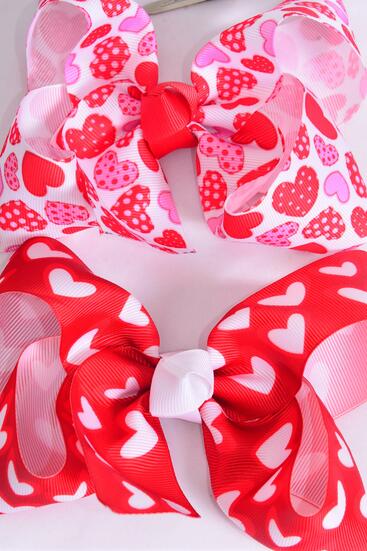 Hair Bow Jumbo Heart Mix Grosgrain Bow-tie / 12 pcs Bow = Dozen Alligator Clip , Bow - 6" x 5" Wide , 6 Of Each Pattern Asst , Clip Strip & UPC Code