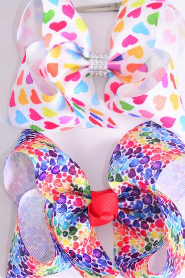 Hair Bow Jumbo Multi Hearts Valentines Grosgrain Bow-tie / 12 pcs Bow = Dozen  Alligator Clip , Bow - 6" x 5" Wide , 6 Of Each Pattern Asst , Clip Strip & UPC Code