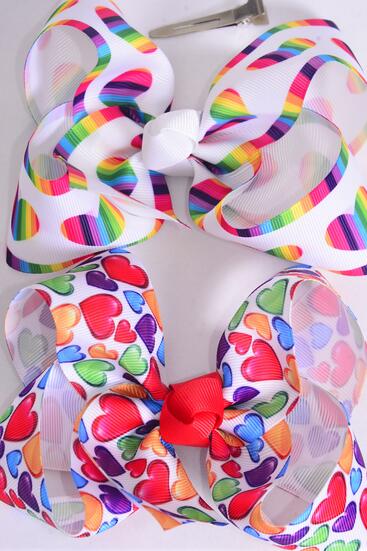 Hair Bow Jumbo Multi Hearts Grosgrain Bow-tie / 12 pcs Bow = Dozen Heart , Alligator Clip , Size - 6" x 5" Wide , 6 of each Pattern Asst , Clip Strip & UPC Code