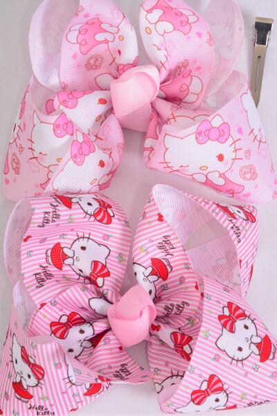 Hair Bow Jumbo Cute Kitty Grosgrain Bow-tie / 12 pcs = Dozen  Alligator Clip , Size - 6" x 5" Wide , 6 Of Each Pattern Asst , Clip Strip & UPC Code