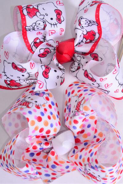 Hair Bow Jumbo Cute Anime Kitty Grosgrain Bow-tie / 12 pcs = Dozen Alligator Clip , Size - 6" x 5" Wide , 6 Of Each Pattern Asst , Clip Strip & UPC Code