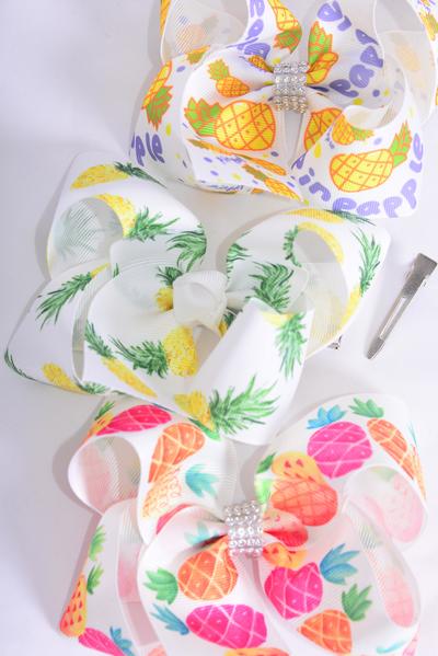 Hair Bow Jumbo Pineapple Mix Grosgrain Bow-tie / 12 pcs Bow = Dozen Alligator Clip , Size - 6" x 5" Wide , 4 of each Pattern Asst , Clip Strip and UPC Code