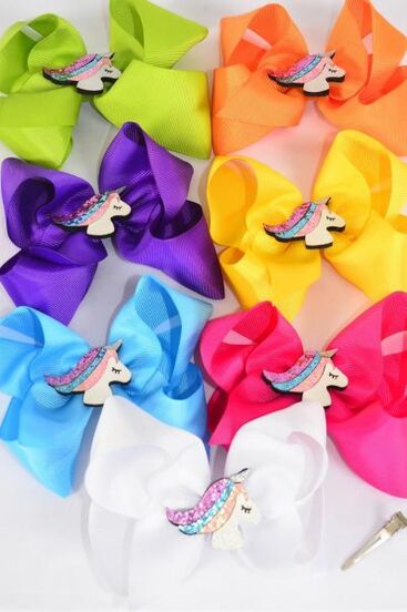 Hair Bow Jumbo Center Glitter Unicorn Charm Grosgrain Bow-tie Citrus / 12 pcs Bow = Dozen Alligator Clip , Size - 6" x 5" Wide , 2 White , 2 Fuchsia , 2 Purple , 2 Yellow , 2 Blue , 1 Lime , 1 Orange Color Asst , Clip Strip & UPC Code