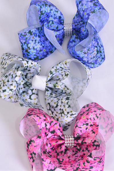 Hair Bow Jumbo Spring Flowers Grosgrain Bow-tie / 12 pcs Bow = Dozen Alligator Clip , Size - 6" x 5" Wide , 4 of each Pattern , Clip Strip & UPC Code