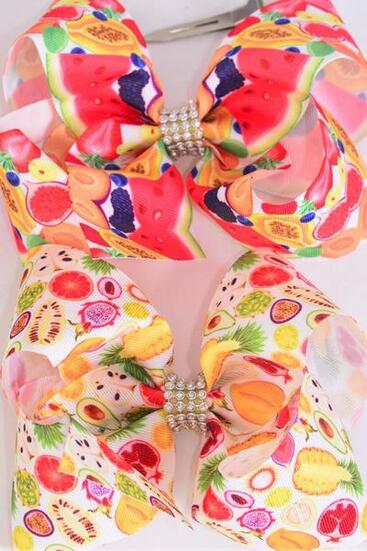 Hair Bow Jumbo Tropical Fruit Grosgrain Bow-tie / 12 pcs Bow = Dozen Alligator Clip , Size- 6" x 5" Wide , 6 of each Pattern Asst , Clip Strip & UPC Code