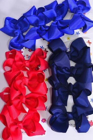 Hair Bows 48 pcs Grosgrain Bow-tie Red Royal Blue Navy Mix / 12 card = Dozen Alligator Clip , Bow Size - 3" x 2" Wide , 4 of each Color Asst , 4 pcs per card , 12 card = Dozen