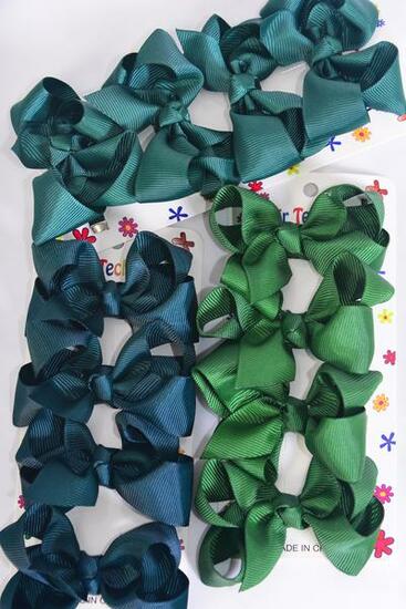 Hair Bows 48 pcs Grosgrain Bow-tie Spruces Hunter Forest Green Mix / 12 card = Dozen  Alligator Clip , Bow Size - 3" x 2" Wide , 4 Spruces , 4 Hunter Green , 4 Forest Green Color Asst