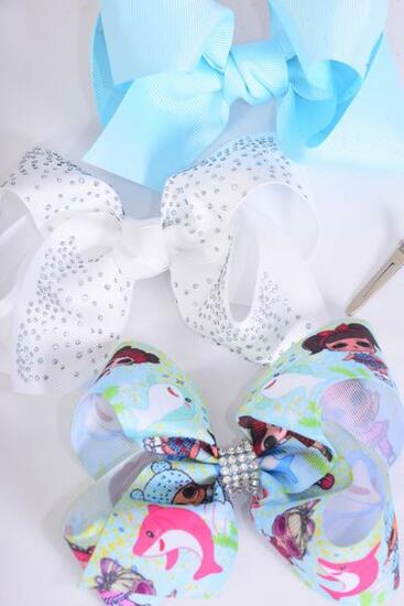 Hair Bow Jumbo Under the Sea Dolphin LOL doll Pattern Asst Grosgrain Bow-tie / 12 pcs Bow = Dozen Alligator Clip , Size - 6" x 5" Wide , 4 Of Each Pattern Asst , Clip Strip & UPC Code