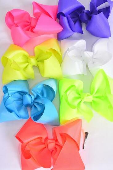 Hair Bow Jumbo Caribbean Neon Mix Grosgrain Bow-tie / 12 pcs Bow = Dozen Alligator Clip , Size - 6" x 5" Wide , 2 Turquoise , 2 Orange , 2 White , 2 Purple , 2 Pink , 1 Yellow , 1 Lime Color Asst , Clip Strip & UPC Code