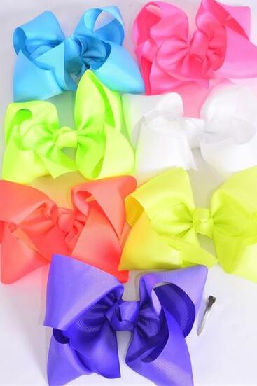 Hair Bow Extra Jumbo Cheer Type Bow Caribbean Neon Grosgrain Bow-tie / 12 pcs Bow = Dozen Caribbean Neon , Alligator Clip , Size-8"x 7" Wide , 2 Turquoise, 2 Orange, 2 White, 2 Purple, 2 Pink, 1 Yellow, 1 Lime Mix, Clip Strip & UPC Code