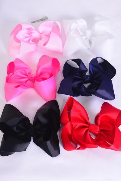 Hair Bow Jumbo Multi Color Mix Grosgrain Bow-tie / 12 pcs Bow = Dozen Alligator Clip , Size - 6" x 5" Wide , 2 Red , White , Black , 2 Pink , 2 Hot Pink ,2 Navy Color Asst , Clip Strip & UPC Code