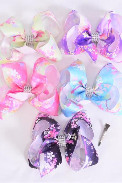 Hair Bow Jumbo Cherry Blossom Grosgrain Bow-tie / 12 pcs Bow = Dozen Alligator Clip , Size - 6" x 5" Wide , 2 Of each Pattern Asst , Clip Strip and UPC Code