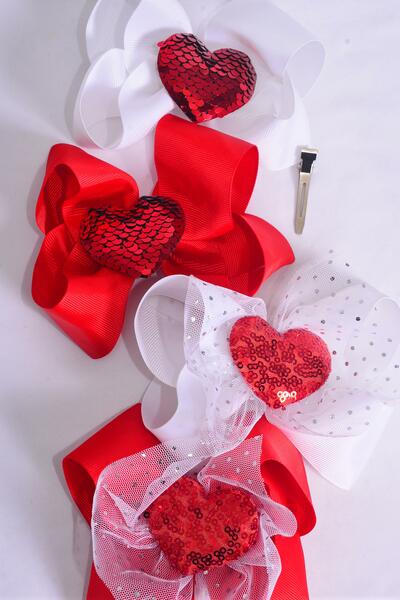 Hair Bow Jumbo Large Sequin Hearts Grosgrain Bow-tie Red White Mix / 12 pcs Bow = Dozen Alligator Clip , Size - 6"x 5" Wide , 3 Of Each Pattern Asst , Clip Strip and UPC Code